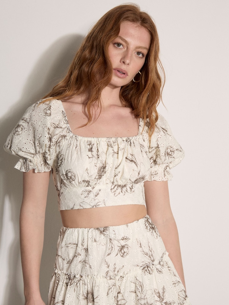 Apricot Grey Floral Cotton Broderie Crop Top - Image 2 of 4
