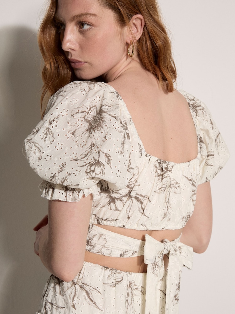 Apricot Grey Floral Cotton Broderie Crop Top - Image 4 of 4
