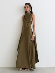 Reiss Khaki Green Sabine Satin Cape-Detail Maxi Dress - Image 1 of 6