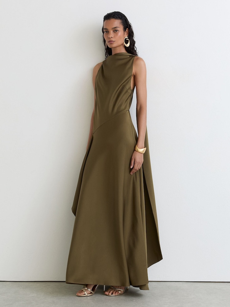 Reiss Khaki Green Sabine Satin Cape-Detail Maxi Dress - Image 1 of 6