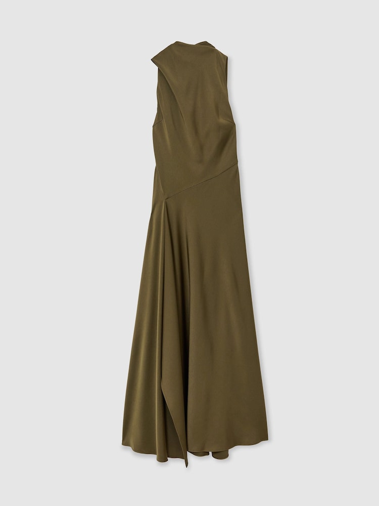 Reiss Khaki Green Sabine Satin Cape-Detail Maxi Dress - Image 2 of 6