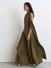 Reiss Khaki Green Sabine Satin Cape-Detail Maxi Dress - Image 5 of 6