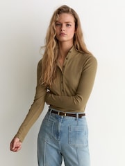 Reiss Khaki Green Ida Cotton-Stretch Funnel-Neck Top - Image 1 of 6