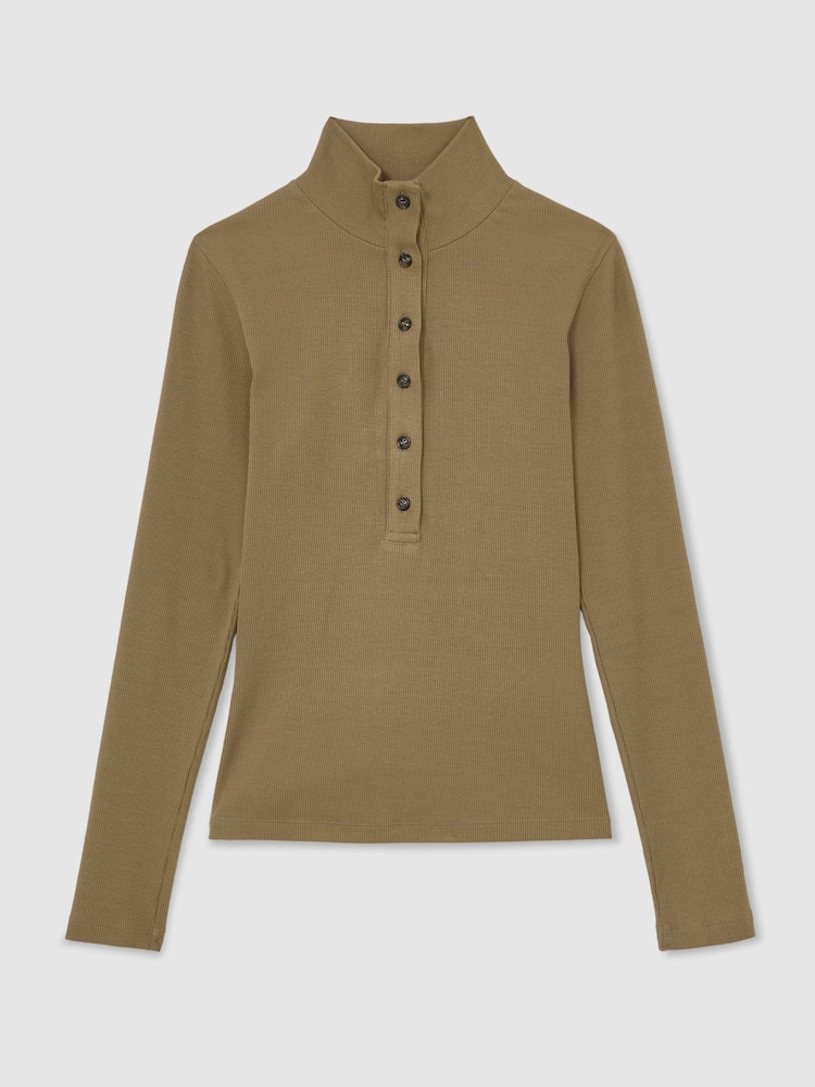 Reiss Khaki Green Ida Cotton-Stretch Funnel-Neck Top - Image 2 of 6