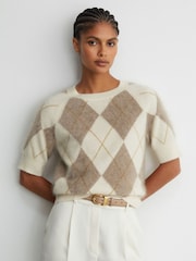 Reiss Ivory/Taupe Aimee Brushed-Cashmere Argyle Knit Top - Image 1 of 6