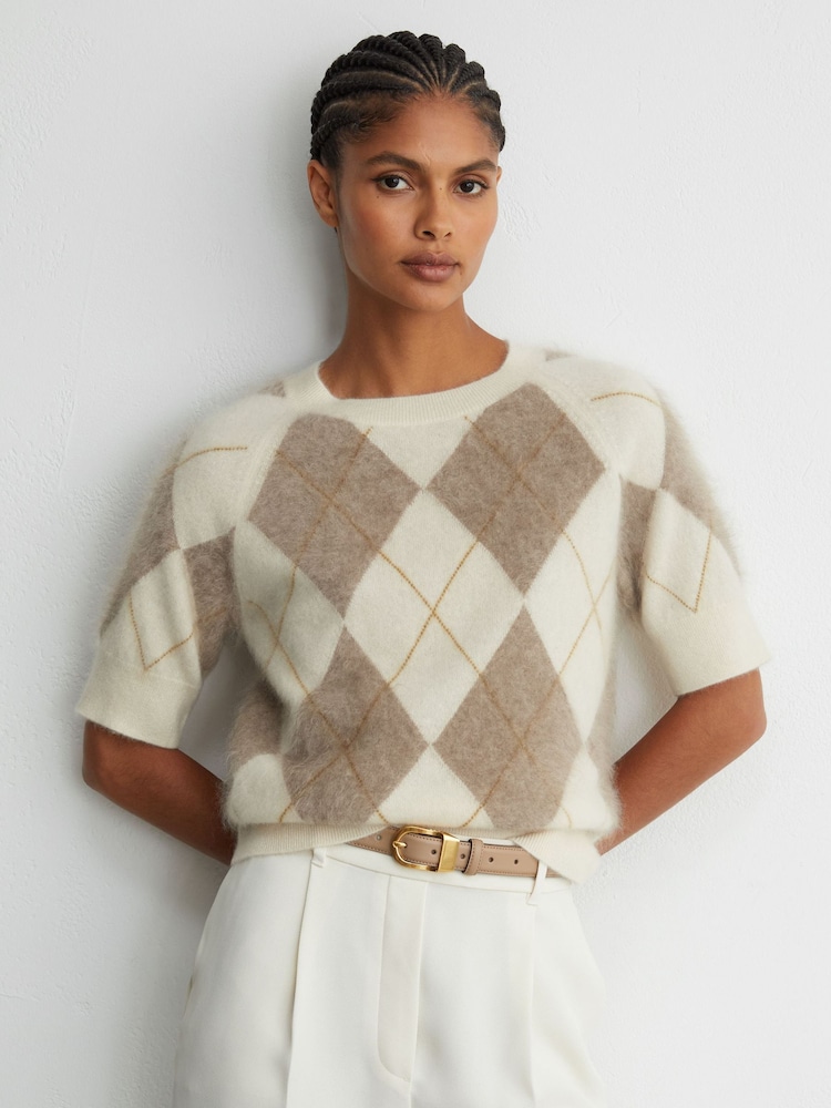 Reiss Ivory/Taupe Aimee Brushed-Cashmere Argyle Knit Top - Image 1 of 6 Reiss Ivory/Taupe Aimee Brushed-Cashmere Argyle Knit Top - Image 1 of 6