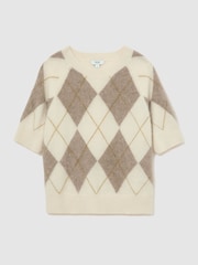 Reiss Ivory/Taupe Aimee Brushed-Cashmere Argyle Knit Top - Image 2 of 6