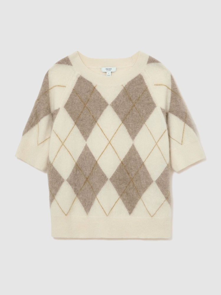 Reiss Ivory/Taupe Aimee Brushed-Cashmere Argyle Knit Top - Image 2 of 6 Reiss Ivory/Taupe Aimee Brushed-Cashmere Argyle Knit Top - Image 2 of 6