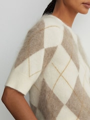 Reiss Ivory/Taupe Aimee Brushed-Cashmere Argyle Knit Top - Image 3 of 6