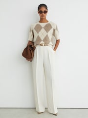 Reiss Ivory/Taupe Aimee Brushed-Cashmere Argyle Knit Top - Image 4 of 6