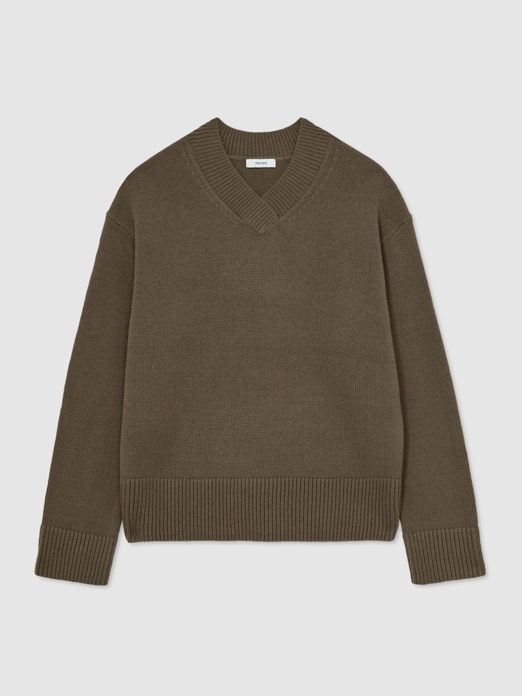 Reiss Khaki Green Mari Wool-Cashmere V-Neck Jumper - Image 2 of 6 Reiss Khaki Green Mari Wool-Cashmere V-Neck Jumper - Image 2 of 6