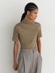Reiss Taupe Neutral Tulia Cotton-Blend High-Neck Draped Top - Image 1 of 5