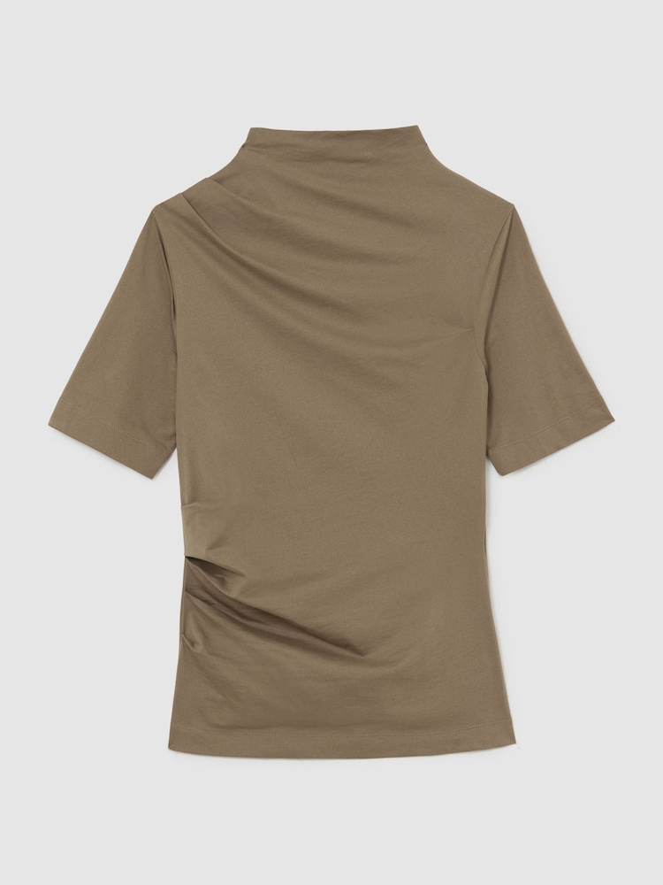 Reiss Taupe Neutral Tulia Cotton-Blend High-Neck Draped Top - Image 2 of 5 Reiss Taupe Neutral Tulia Cotton-Blend High-Neck Draped Top - Image 2 of 5