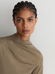 Reiss Taupe Neutral Tulia Cotton-Blend High-Neck Draped Top - Image 3 of 5