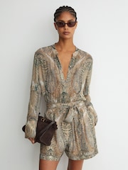 Reiss Grey/Neutral Finnola Paisley-Print Tie-Waist Playsuit - Image 1 of 7