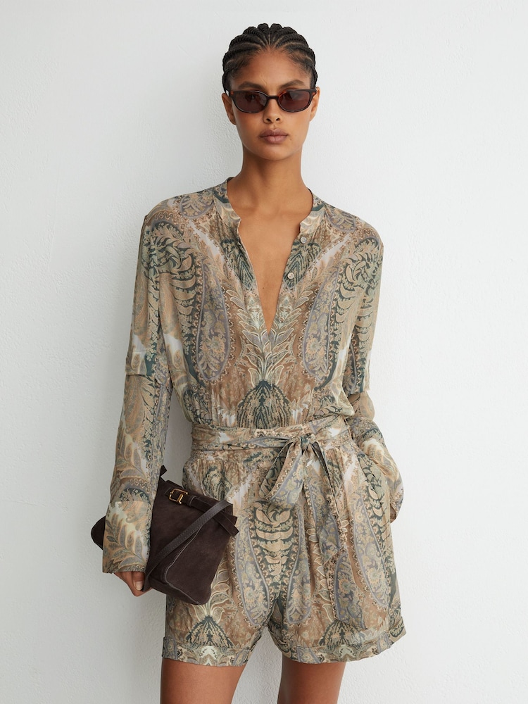 Reiss Grey/Neutral Finnola Paisley-Print Tie-Waist Playsuit - Image 1 of 7 Reiss Grey/Neutral Finnola Paisley-Print Tie-Waist Playsuit - Image 1 of 7