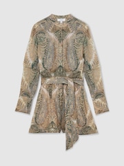 Reiss Grey/Neutral Finnola Paisley-Print Tie-Waist Playsuit - Image 2 of 7