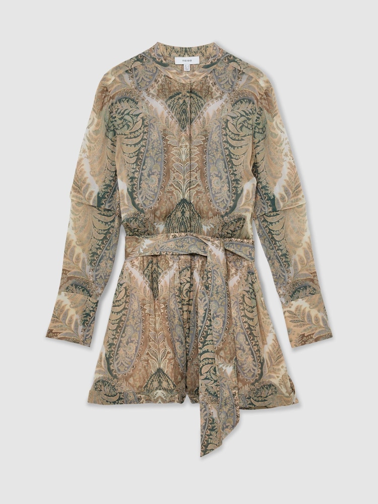 Reiss Grey/Neutral Finnola Paisley-Print Tie-Waist Playsuit - Image 2 of 7 Reiss Grey/Neutral Finnola Paisley-Print Tie-Waist Playsuit - Image 2 of 7