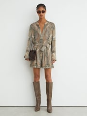 Reiss Grey/Neutral Finnola Paisley-Print Tie-Waist Playsuit - Image 3 of 7