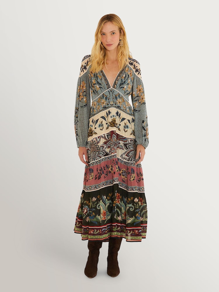 Farm Rio Cream Stained Glass Beauty Soft Blue Mixed Long Sleeve Maxi Dress - Image 1 of 3 Farm Rio Cream Stained Glass Beauty Soft Blue Mixed Long Sleeve Maxi Dress - Image 1 of 3