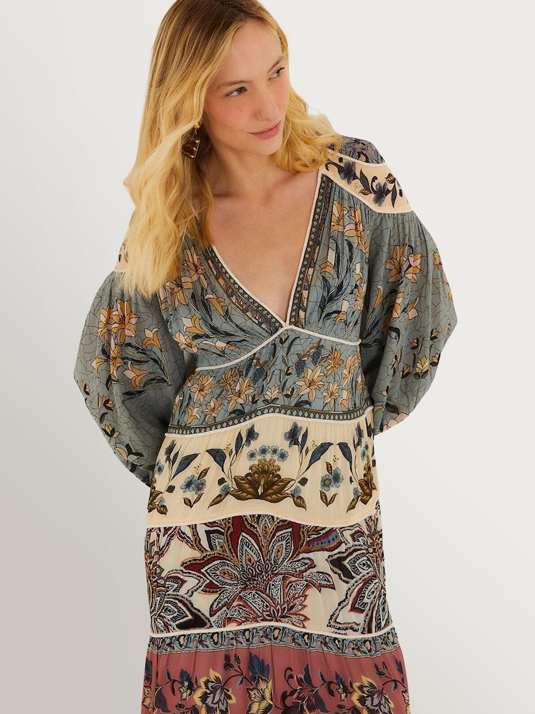 Farm Rio Cream Stained Glass Beauty Soft Blue Mixed Long Sleeve Maxi Dress - Image 3 of 3 Farm Rio Cream Stained Glass Beauty Soft Blue Mixed Long Sleeve Maxi Dress - Image 3 of 3