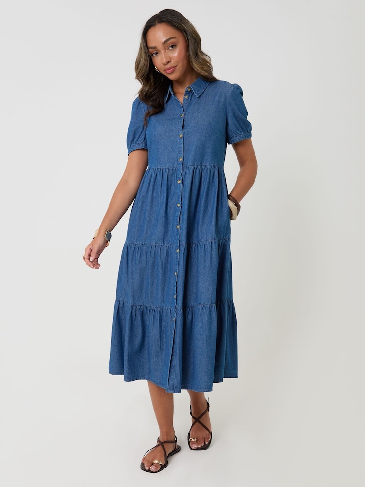 Threadbare Blue Denim Puff Sleeve Shirt Dress - Image 1 of 4