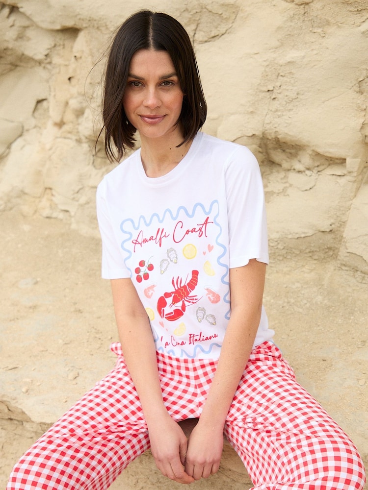 Threadbare Red Gingham Amalfi Coast Graphic Print Pyjama Set - Image 1 of 5