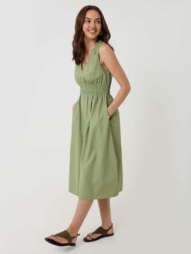 Threadbare Green Ruched Waist Denim Midi Dress - Image 1 of 4 Threadbare Green Ruched Waist Denim Midi Dress - Image 1 of 4