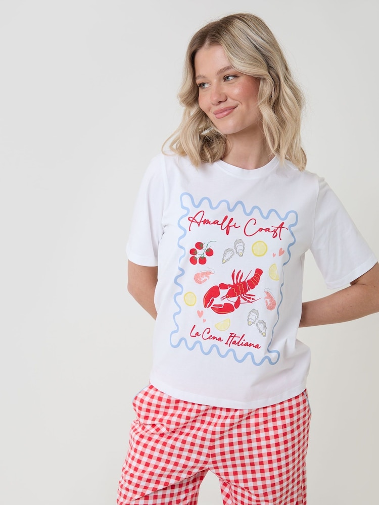Threadbare Red Petite Gingham Amalfi Coast Graphic Print Pyjama Set - Image 1 of 4