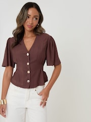 Threadbare Brown Flutter Sleeve Tie-Back Top - Image 1 of 4