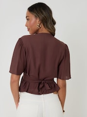 Threadbare Brown Flutter Sleeve Tie-Back Top - Image 2 of 4