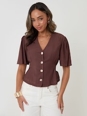 Threadbare Brown Flutter Sleeve Tie-Back Top - Image 3 of 4