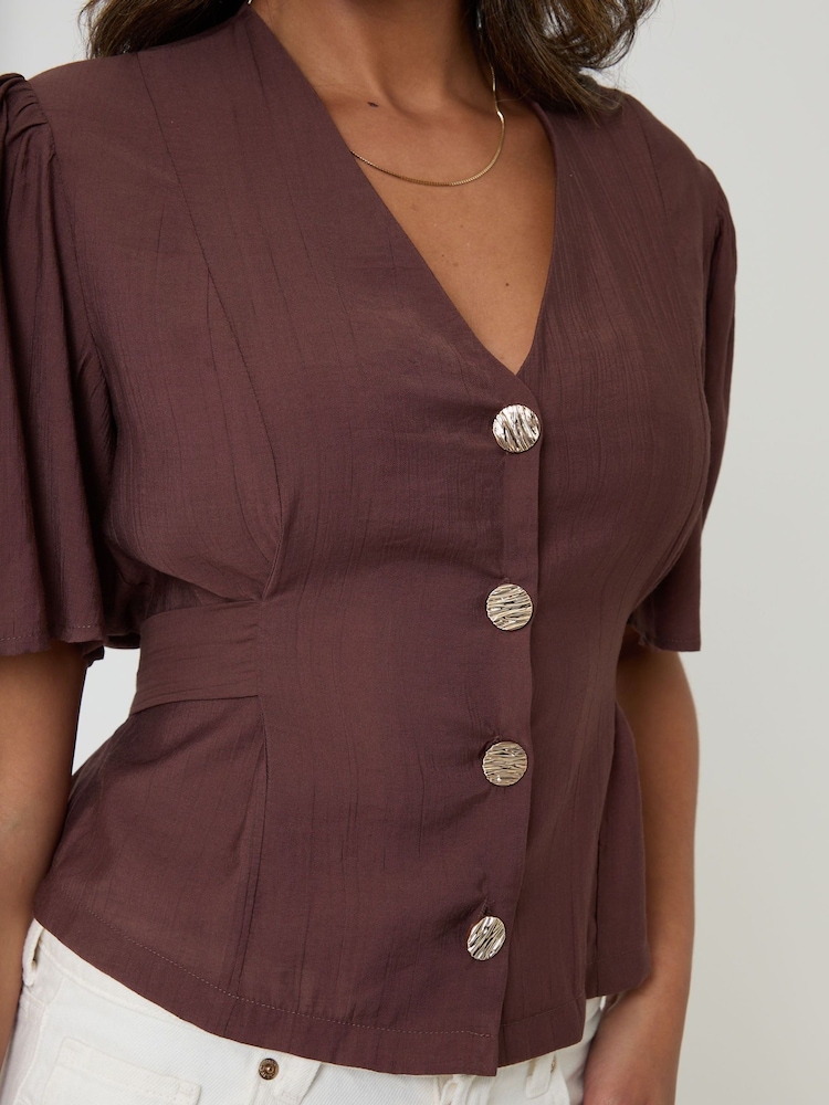 Threadbare Brown Flutter Sleeve Tie-Back Top - Image 4 of 4