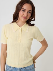 Threadbare Yellow Pointelle Knit Scalloped Polo Collar Top - Image 1 of 4