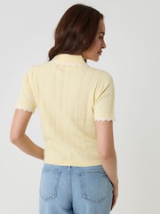 Threadbare Yellow Pointelle Knit Scalloped Polo Collar Top - Image 2 of 4