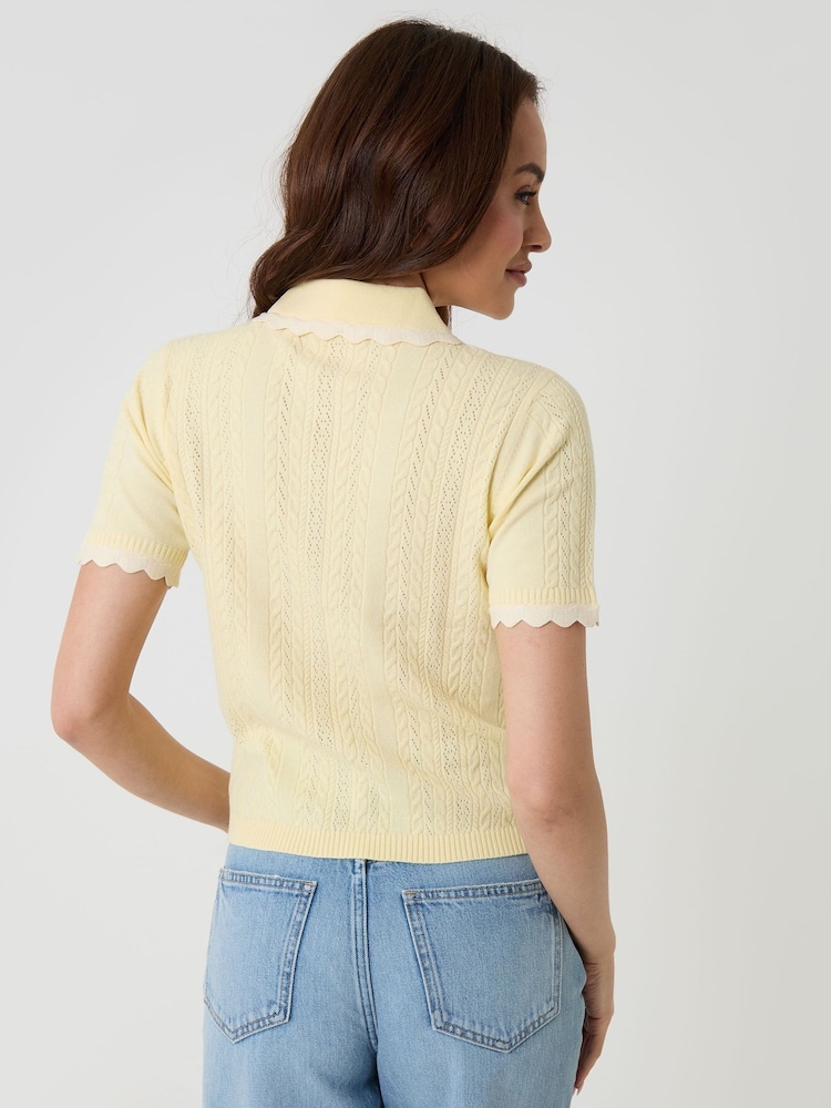 Threadbare Yellow Pointelle Knit Scalloped Polo Collar Top - Image 2 of 4