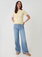 Threadbare Yellow Pointelle Knit Scalloped Polo Collar Top - Image 3 of 4