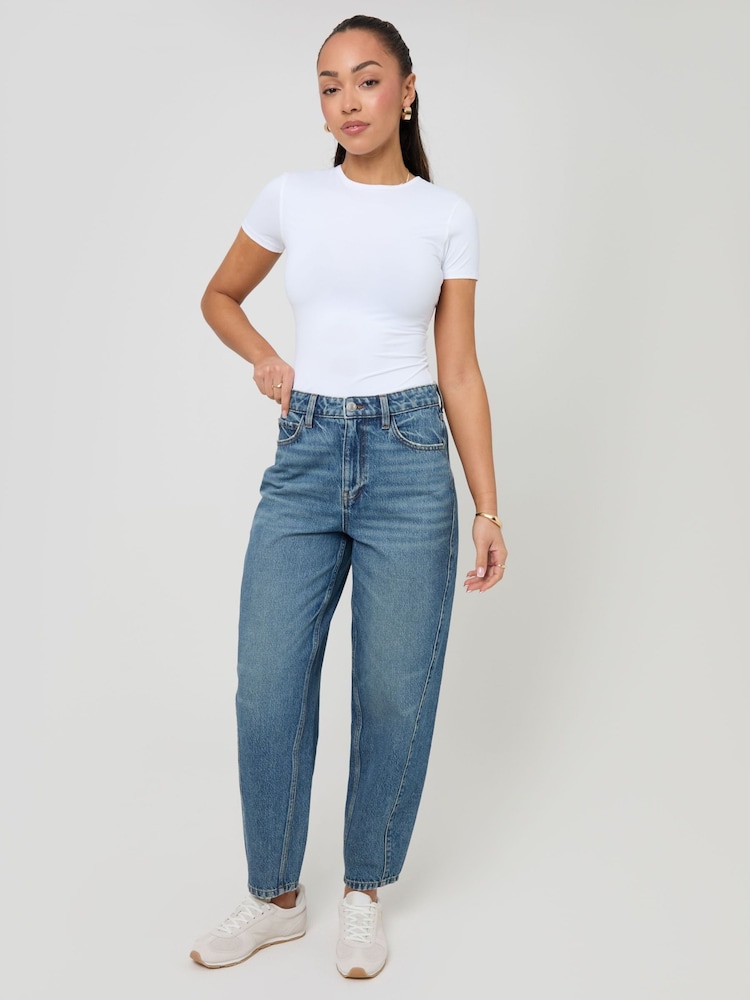 Threadbare Mid Blue Petite Barrel Leg Jeans - Image 1 of 4 Threadbare Mid Blue Petite Barrel Leg Jeans - Image 1 of 4