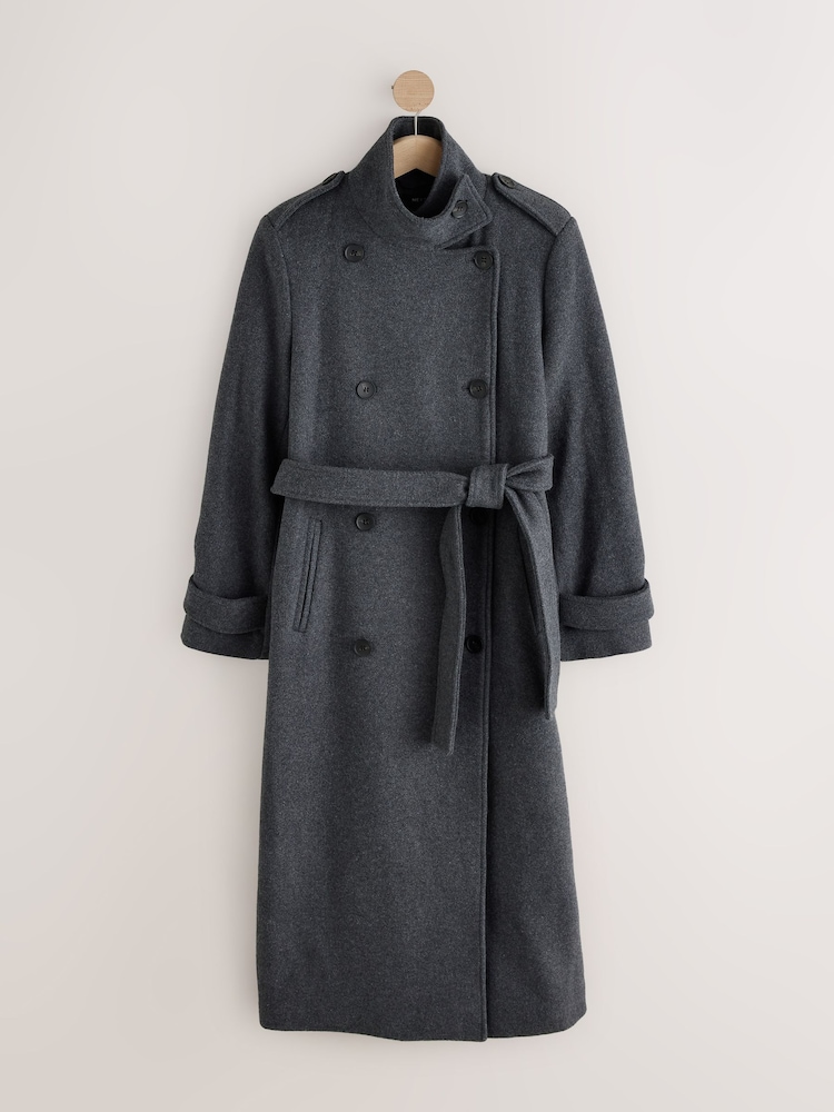 Grey Double Breasted Formal Funnel Neck Coat With Wool - Image 1 of 3 Grey Double Breasted Formal Funnel Neck Coat With Wool - Image 1 of 3