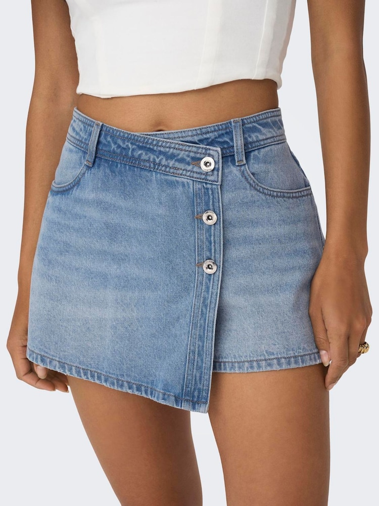 ONLY Blue Mini Denim Wrap Skort - Image 1 of 5 ONLY Blue Mini Denim Wrap Skort - Image 1 of 5