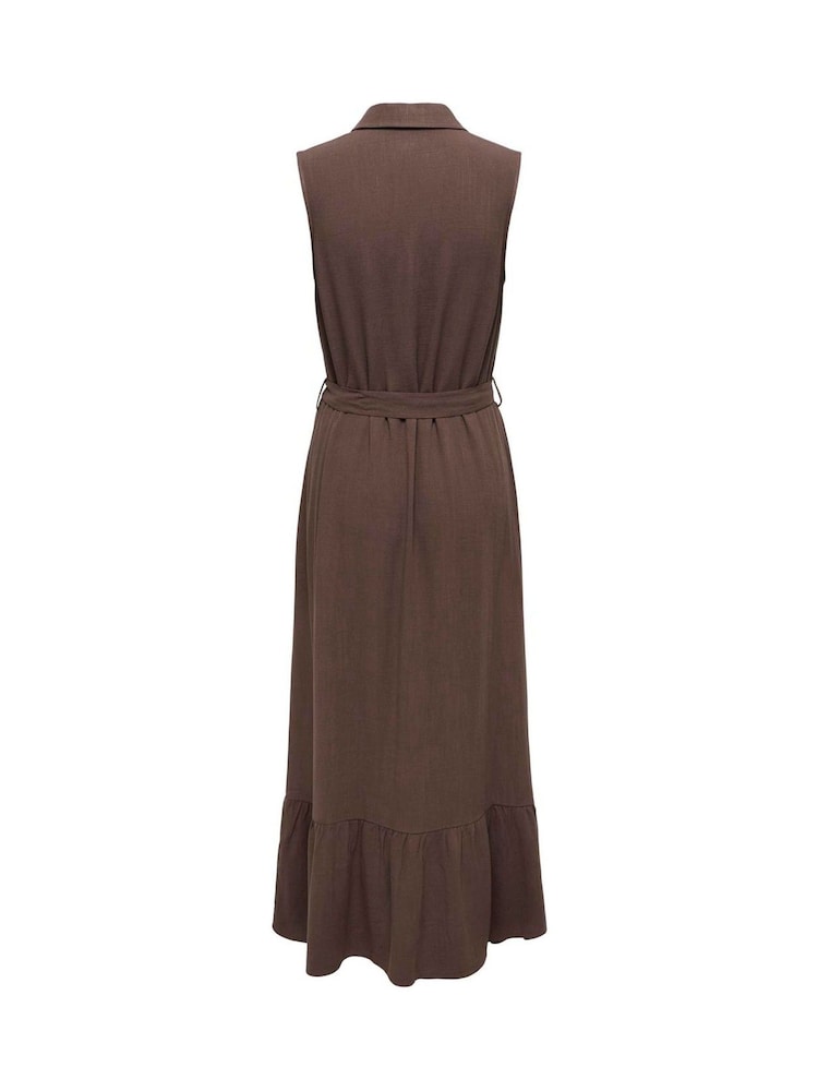 ONLY Brown Sleeveless Linen Mix Midi Shirt Dress - Image 7 of 7 ONLY Brown Sleeveless Linen Mix Midi Shirt Dress - Image 7 of 7