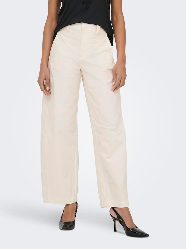 ONLY Cream Mid Waist Barrel Leg Chino Trousers - Image 1 of 6