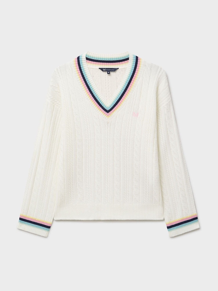 Crew Clothing White Relaxed Cable Cricket Jumper - Image 5 of 5
