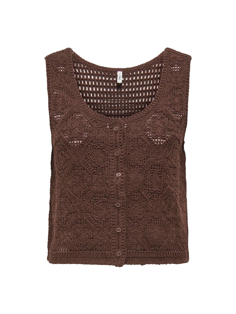 ONLY Brown Crochet Button Through Vest Top - Image 1 of 2