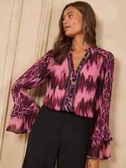 Love & Roses Pink Animal V-Neck Hardware Flute Sleeve Blouse - Image 1 of 5