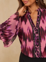 Love & Roses Pink Animal V-Neck Hardware Flute Sleeve Blouse - Image 2 of 5