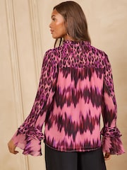 Love & Roses Pink Animal V-Neck Hardware Flute Sleeve Blouse - Image 3 of 5