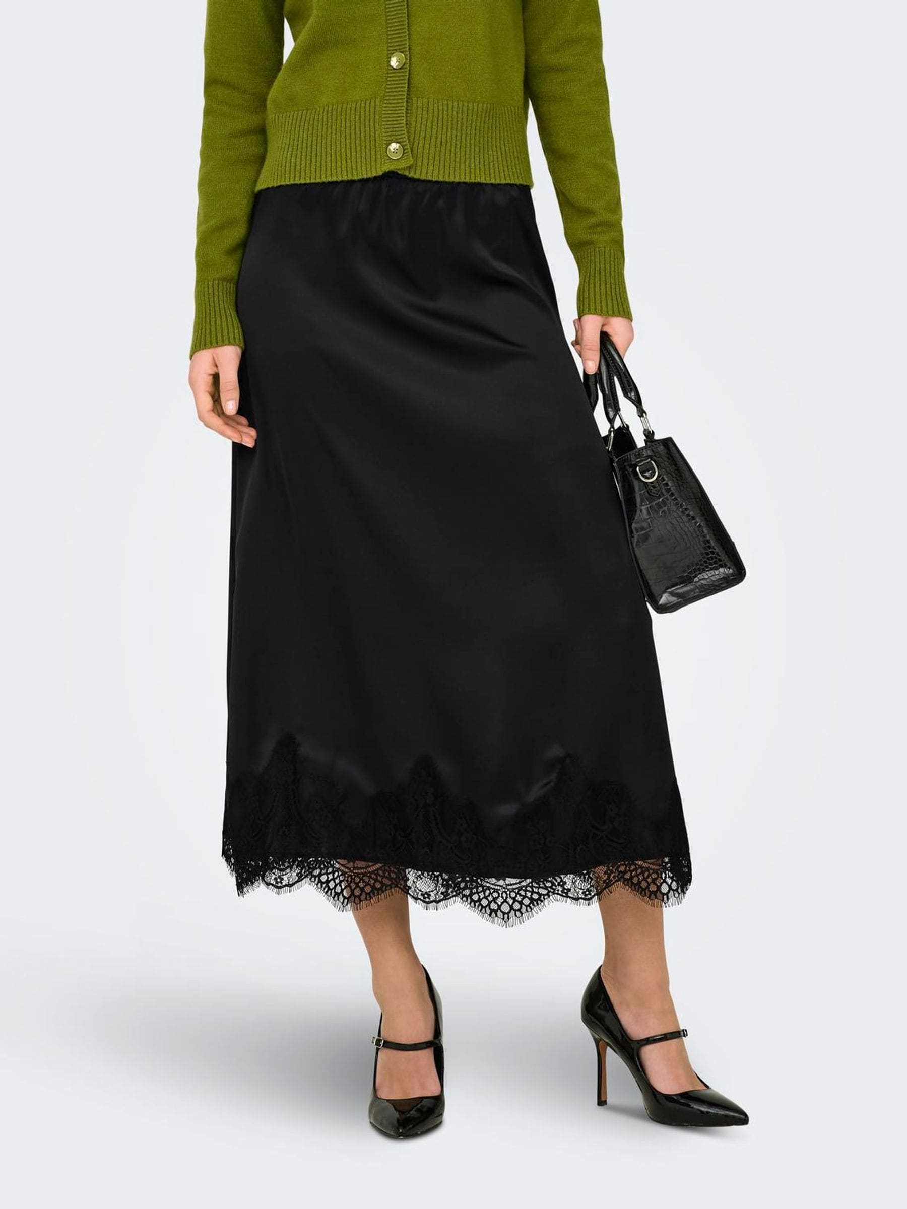 値下げしました　新品satin midi skirt Buy ONLY Black Satin Midi Skirt With Lace Hem from Next USA