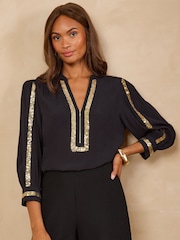 Love & Roses Black 3/4 Sleeve Sequin Zip Front Blouse - Image 1 of 4