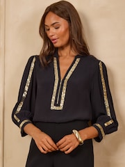 Love & Roses Black 3/4 Sleeve Sequin Zip Front Blouse - Image 4 of 4